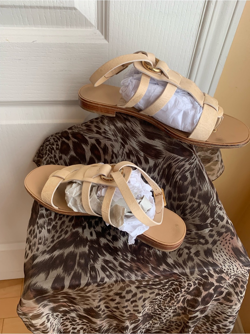 Salvatore Ferragamo tan Strappy Leather Flat Sandals